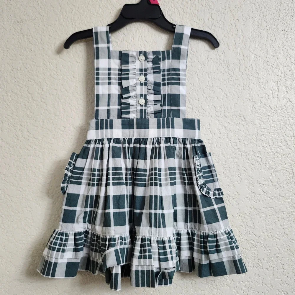 NEW Kate Quinn Girls‎ 12-18M Penelope Green Plaid Pinafore Dress and Bonnet Set